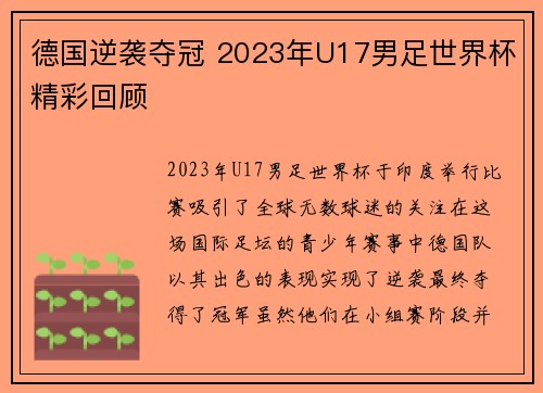 德国逆袭夺冠 2023年U17男足世界杯精彩回顾