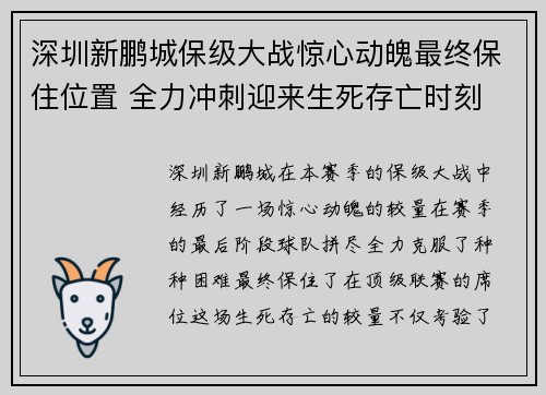 深圳新鹏城保级大战惊心动魄最终保住位置 全力冲刺迎来生死存亡时刻