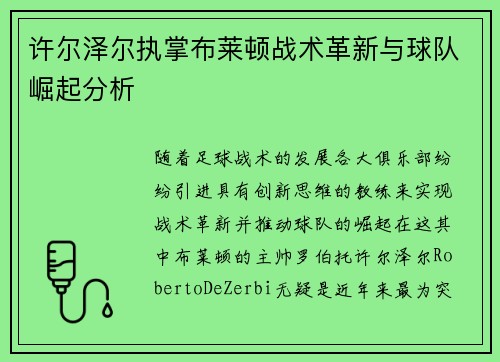 许尔泽尔执掌布莱顿战术革新与球队崛起分析 许尔泽尔执掌布莱顿战术革新与球队崛起分析